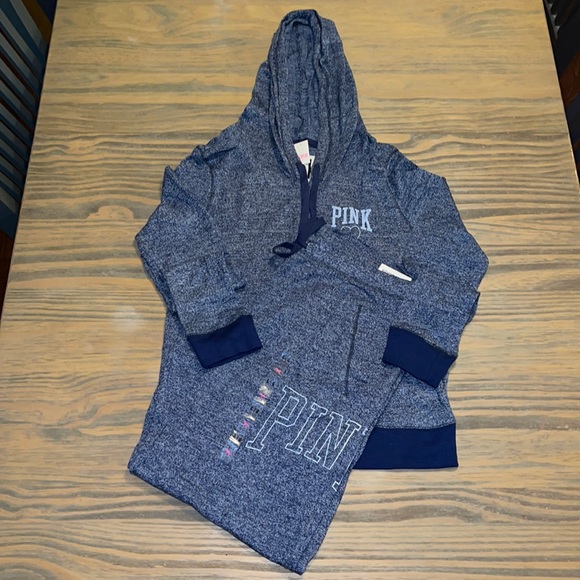 Victoria’s Secret PINK Heather Navy Terry Hoodie and Sweatpants Set - Picture 2 of 14